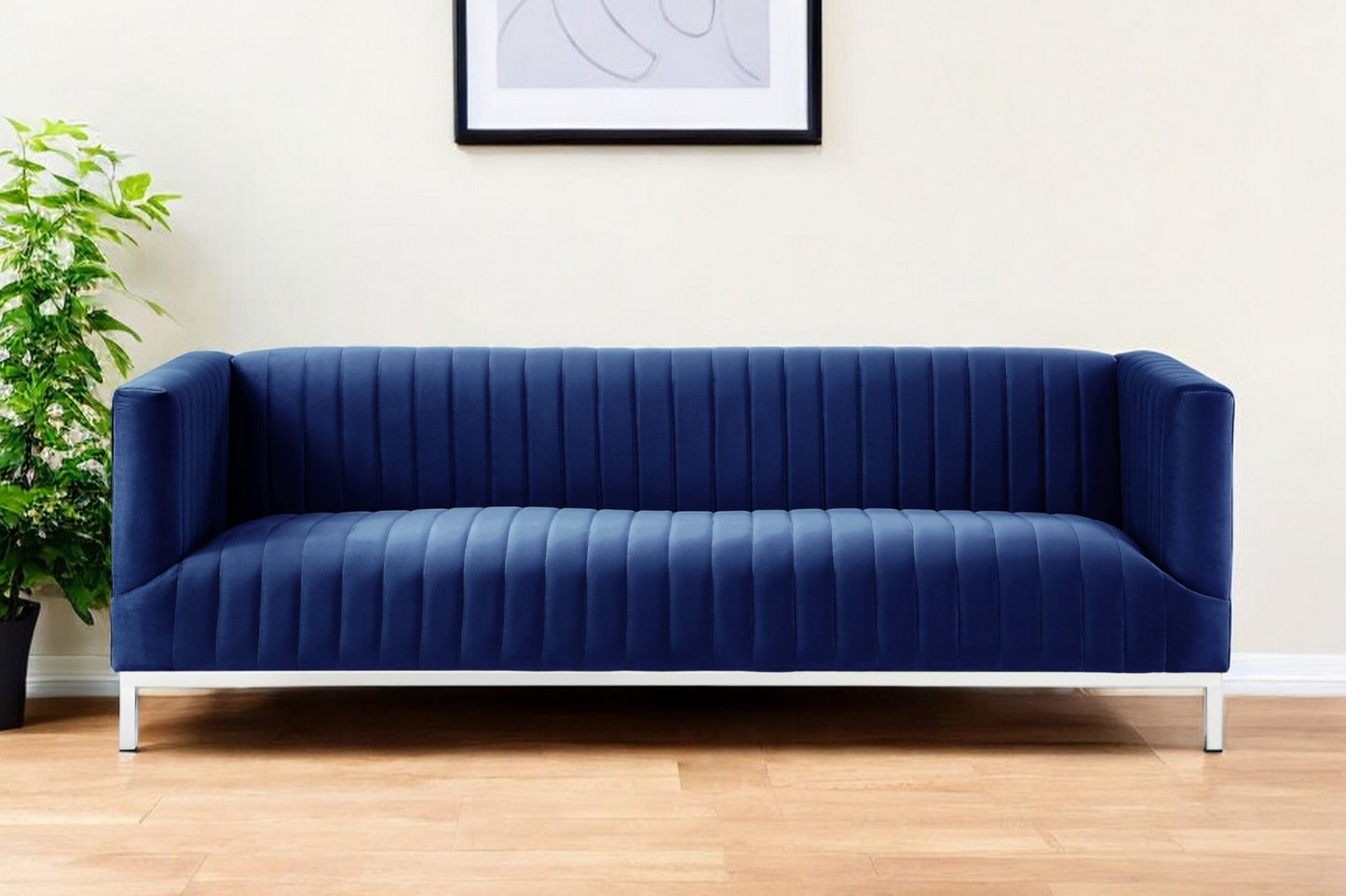 85" Navy Blue Velvet Sofa With Silver Legs