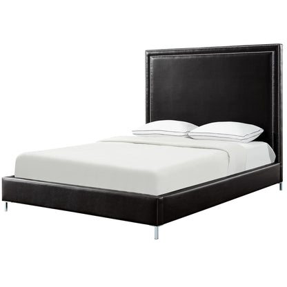 Black Solid Wood Queen Upholstered Faux Leather Bed with Nailhead Trim