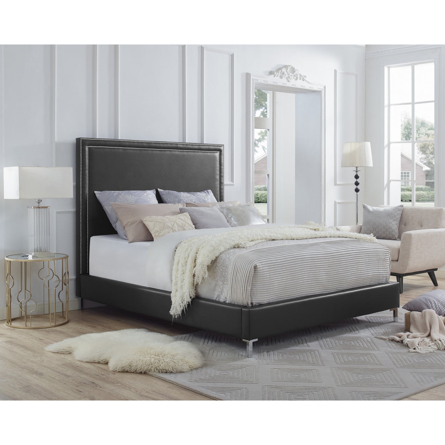 Black Solid Wood Queen Upholstered Faux Leather Bed with Nailhead Trim