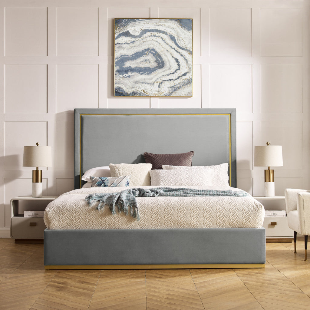 Beige Solid Wood Queen Upholstered Velvet Bed