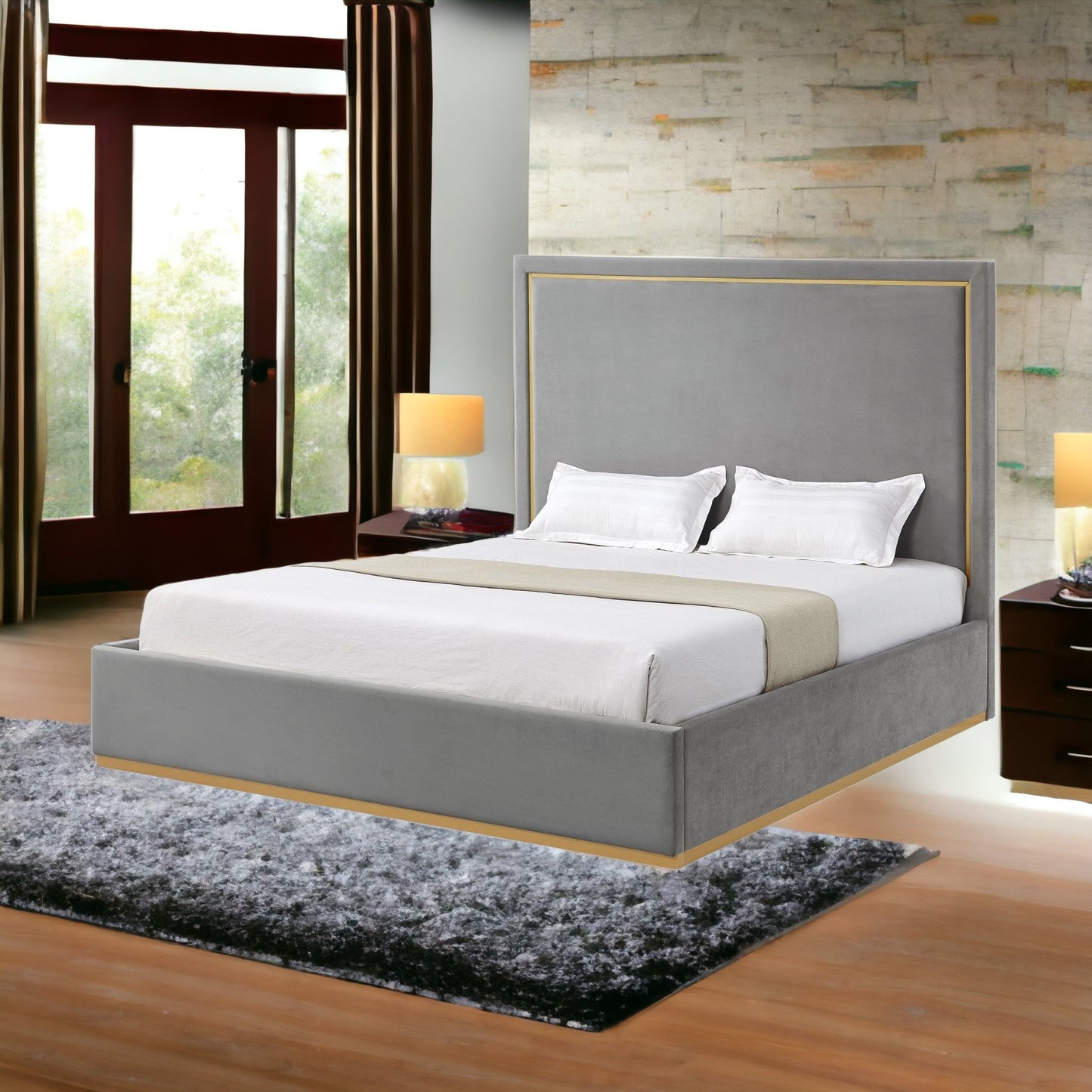 Beige Solid Wood Queen Upholstered Velvet Bed