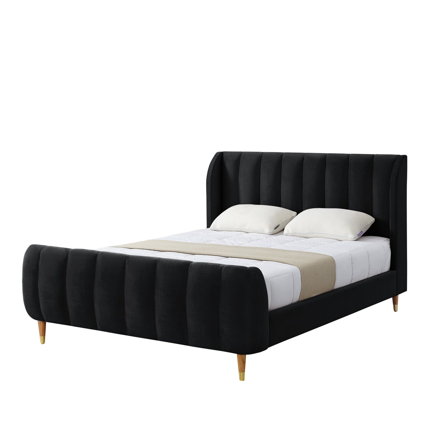 Black Solid Wood King Tufted Upholstered Velvet Bed