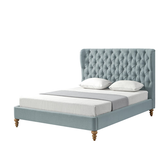 Blue Solid Wood Twin Tufted Upholstered Linen Bed