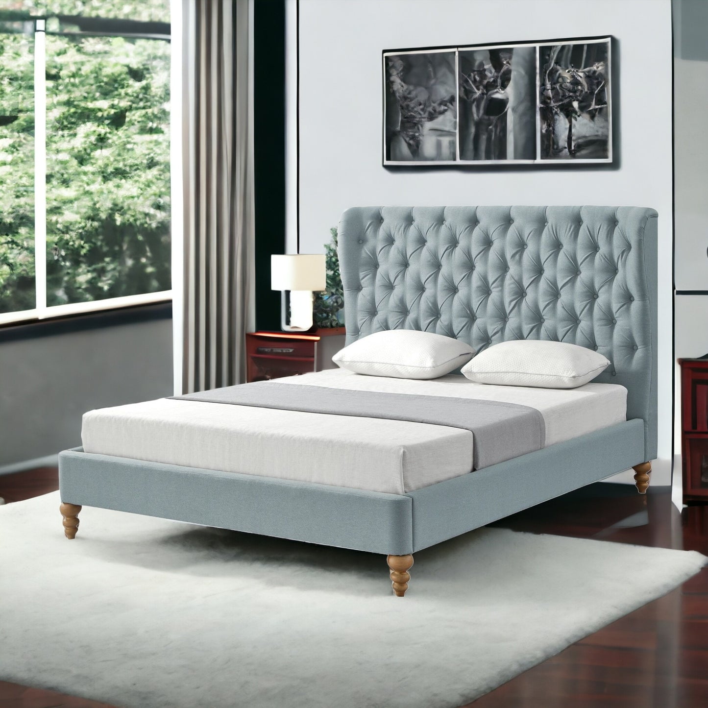 Blue Solid Wood Twin Tufted Upholstered Linen Bed