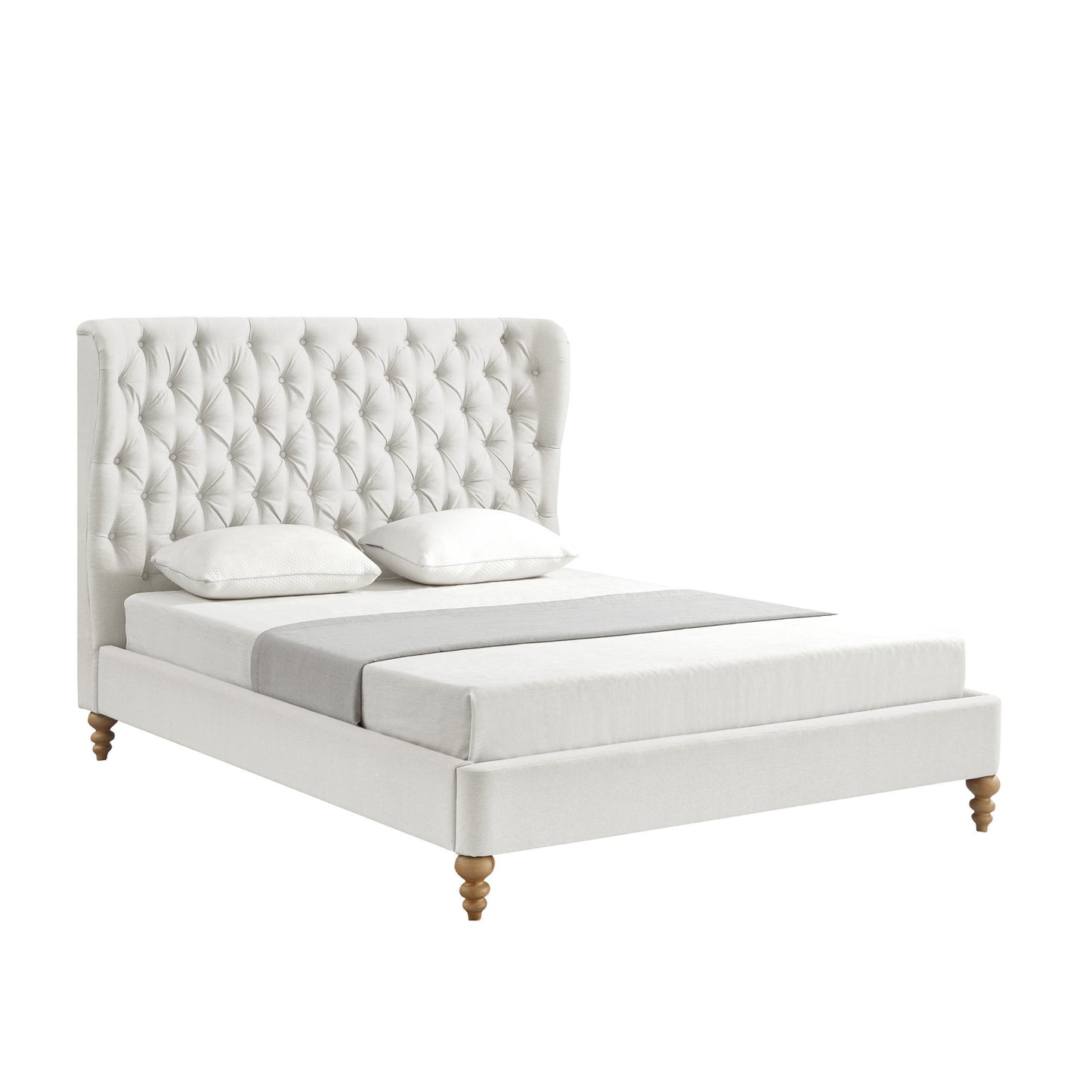 Blue Solid Wood Twin Tufted Upholstered Linen Bed