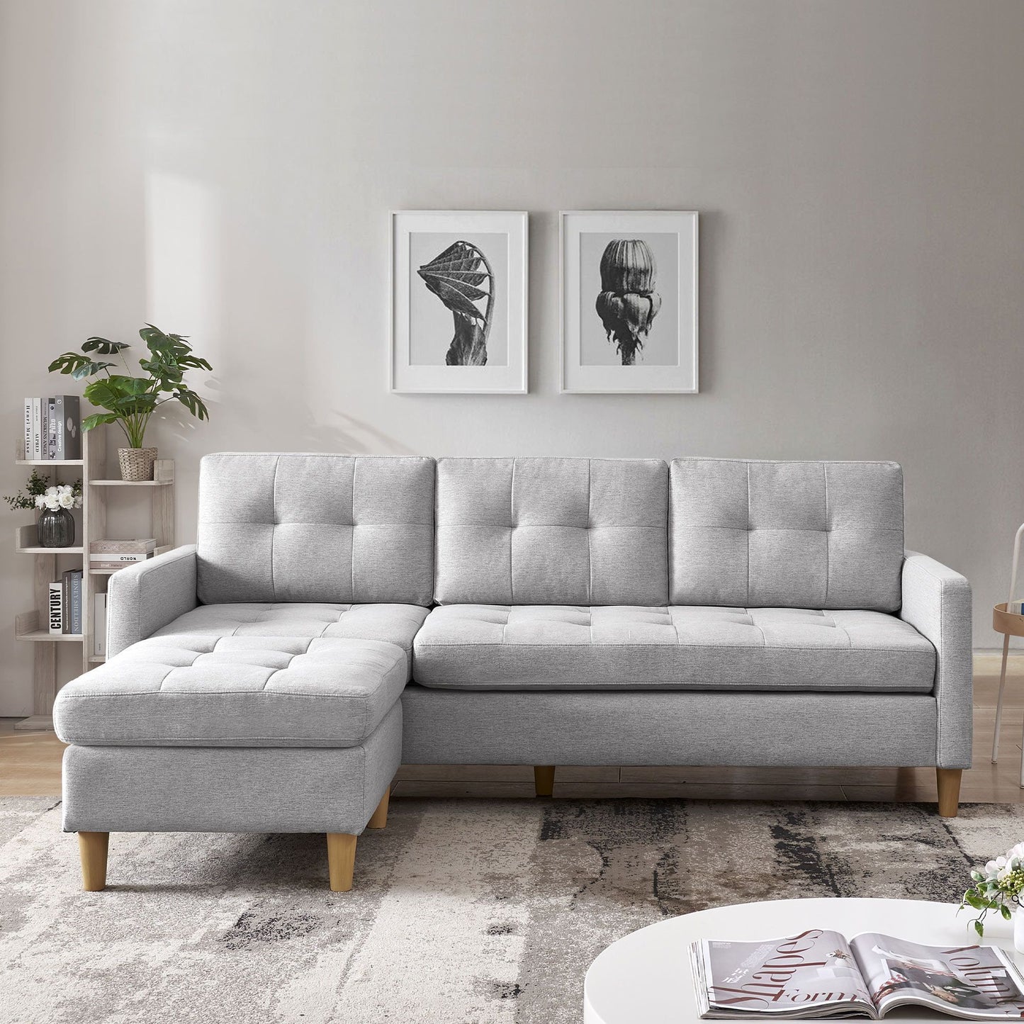 87" Light Gray Polyester Blend Sofa With Ottoman With Natural Legs