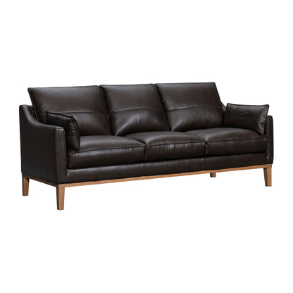 87" Dark Brown Leather Sofa And Toss Pillows With Brown Legs