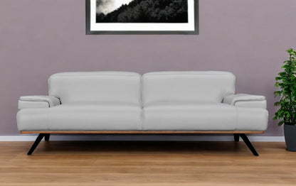 89" Gray Leather Sofa With Black Legs