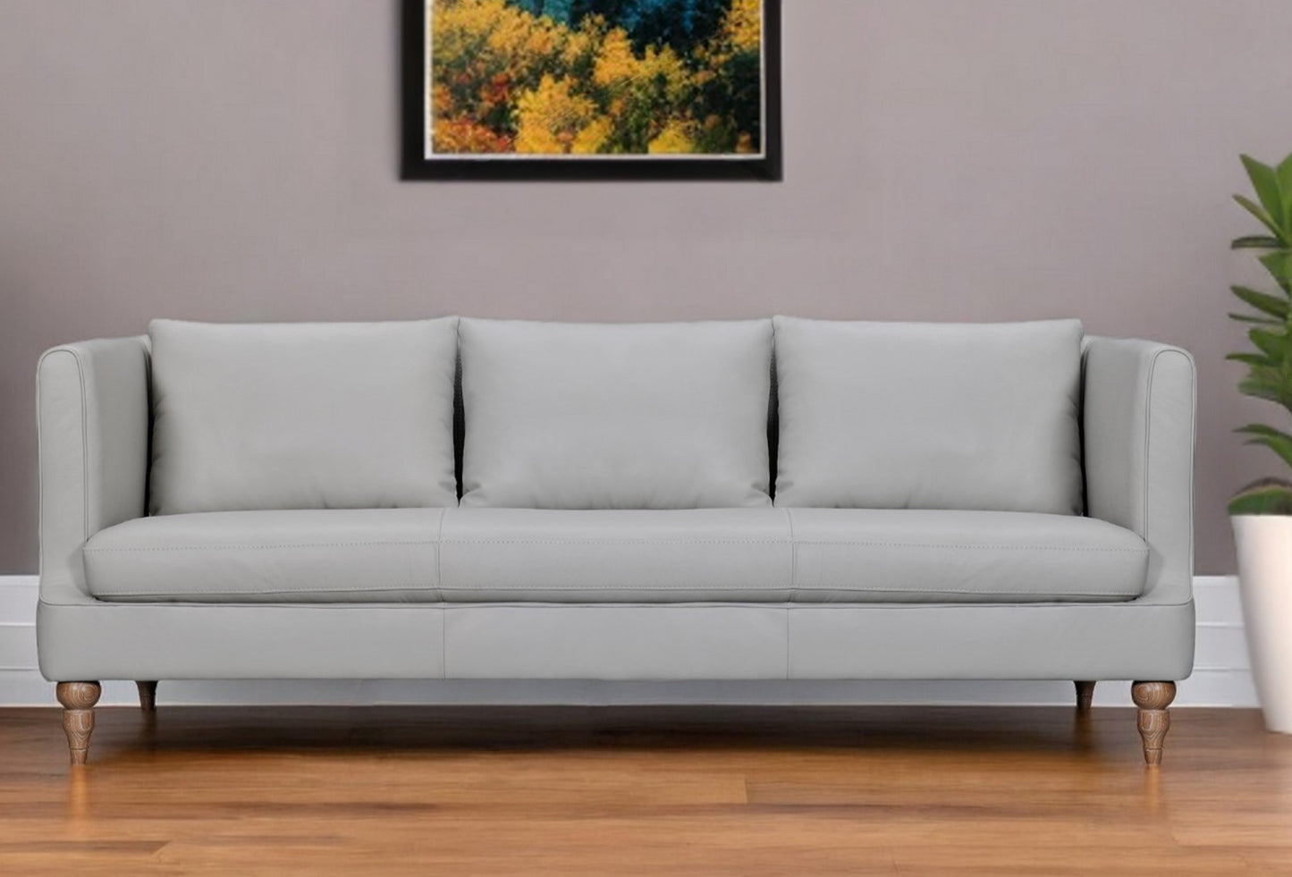 85" Gray Leather Sofa With Brown Legs