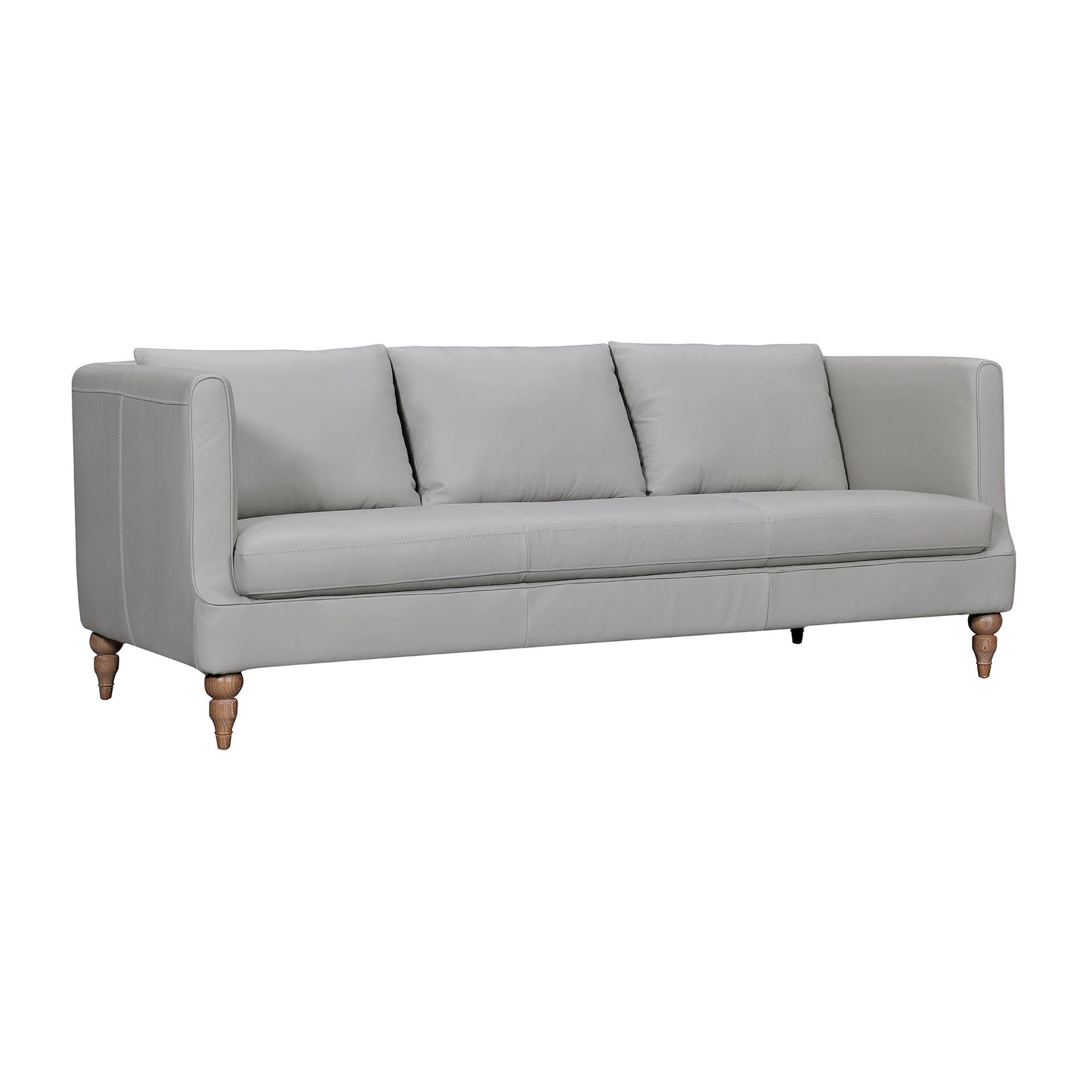 85" Gray Leather Sofa With Brown Legs