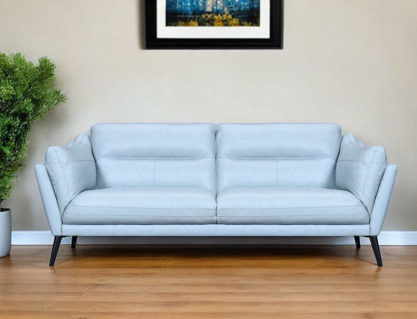 87" Sky Blue Leather Sofa With Black Legs