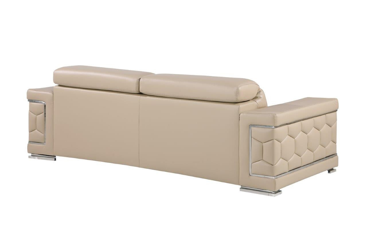 89" Beige Leather Sofa With Silver Legs