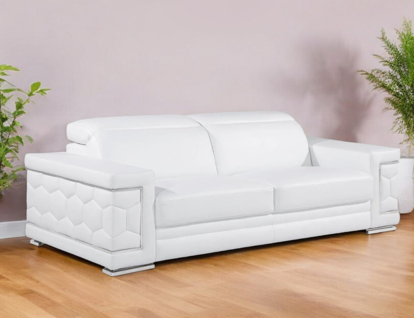 89" White Leather Sofa With Silver Legs